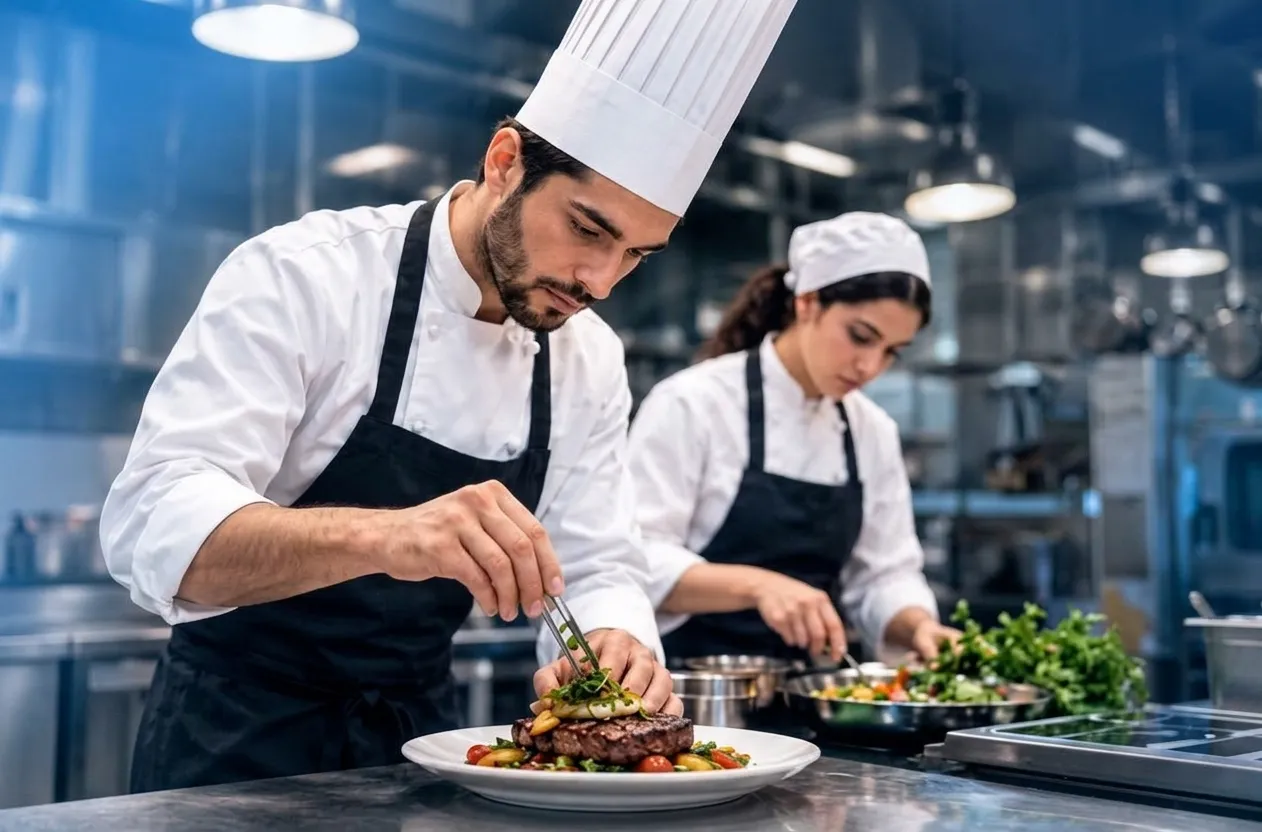 سرآشپزها در حال چیدن غذا در آشپزخانه حرفه‌ای